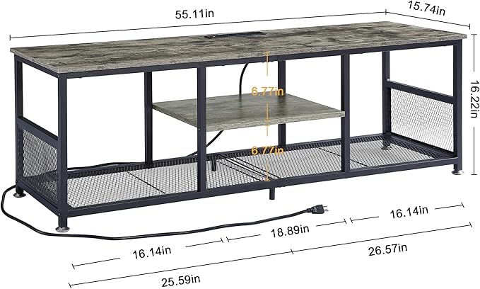VECELO TV Stand with Power Outlets for Televisions up to 65Inch, 55" Media Entertainment Center with Charging Station 3-Tier Open Storage Shelves with Metal Frame for Living Room/Bedroom,Grey