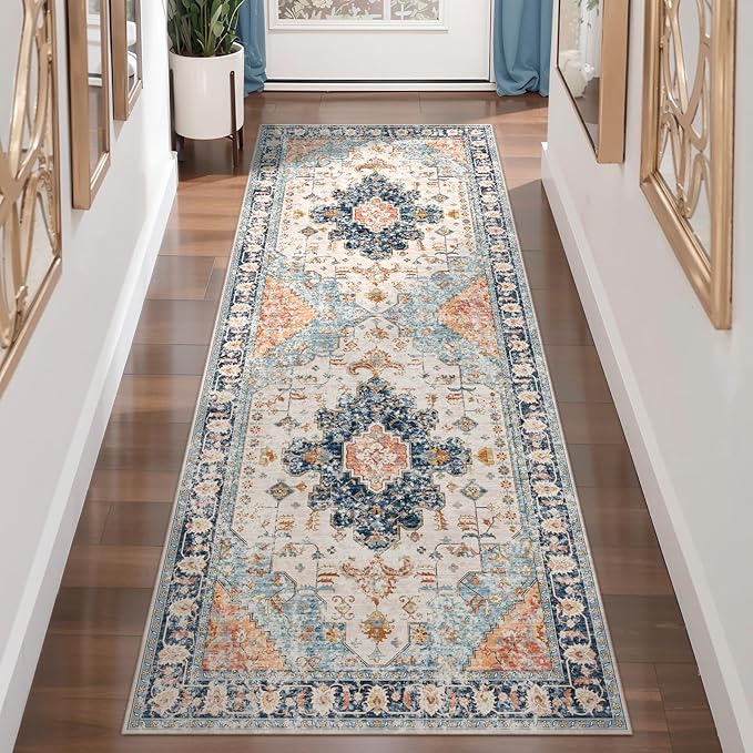 Tangsoo 2x6 Washable Runner Rug for Hallways, Non Slip Vintage Rugs, Soft Low Pile, Print Distressed Blue/Orange Carpet Runners for Kitchen Bedroom Entryway Bathroom Living Room