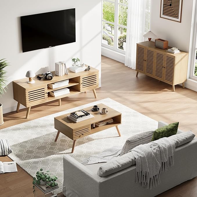 61" Mid Century Modern TV Stand for 50/55/60/70 inch TV, TV Media Console with Slatted Doors for TVs up to 70", Entertainment Center with Storage for Living Room, Bedroom, Oak