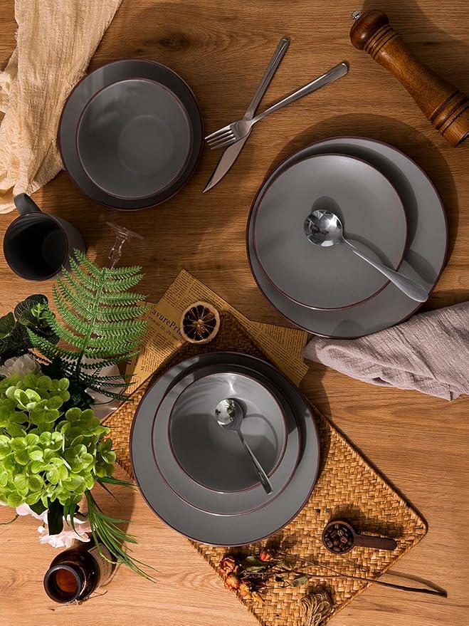 Famiware Venus Ceramic Plates and Bowls Sets, Speckled Dinnerware Dish Sets for 8 (24 Pieces) - Microwave and Dishwasher Safe, Matte Dark Grey