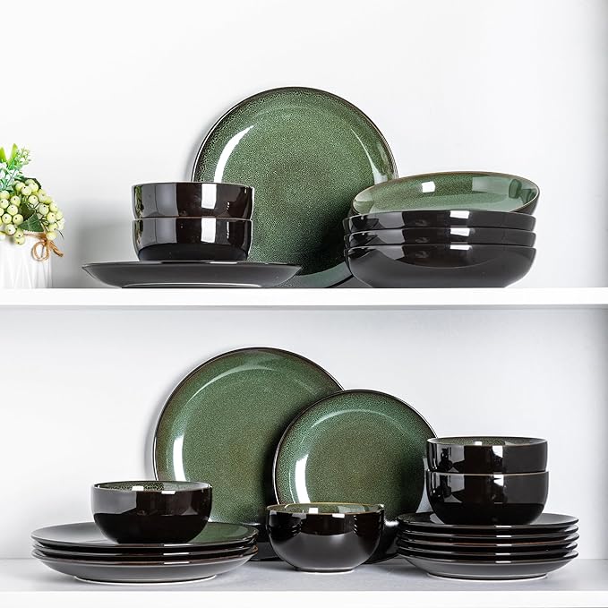 LERATIO Ceramic Dinnerware Sets for 4,16-Piece Reactive Glaze Plates and Bowls Set with Mugs,Highly Chip and Crack Resistant | Dishwasher,Microwave & Oven Safe Dishes set-Green