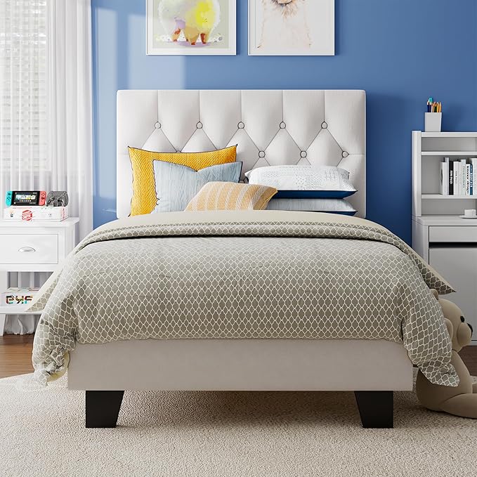 Twin Upholstered Bed Frame with Headboard, Button Tufted Linen Bed Base, Platform Bed with Wood Slat, Heavy Duty, Easy Assembly, No Box Spring Needed, White