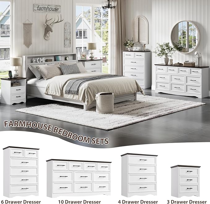 Farmhouse Nightstand with Charging Station, 19.7" End Table with 3 Drawers Storage, White Wooden Night Stand, Bedside Table with Unique Base Design, 3 Drawer Dresser for Bedroom, Living Room