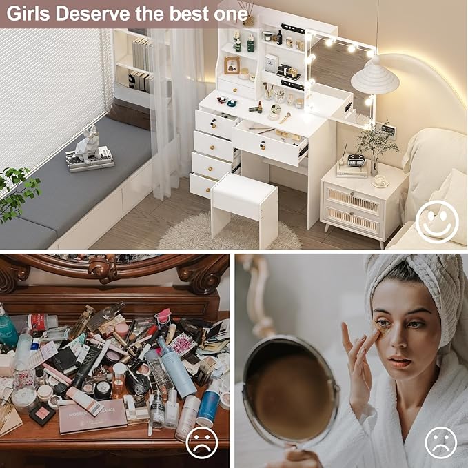 Vanity Set with Mirror and Lights, Vanity Table with Stool, Lighted Mirror 10 Dimmable Bulbs, 6 Drawers, Makeup Vanity Desk for Girls, White Bedroom Dressing Table