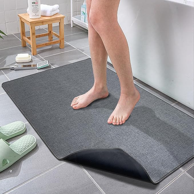 Yancorp 16"x26" Ultra Thin Gray Bathroom Rugs,Low Profile Bath Mat Non Slip Fit Under Door Absorbent Shower Rug Washable Grey Indoor Door Mat Small