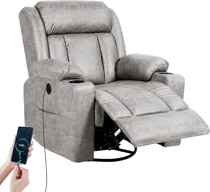 LEVELEVE Retro Rocking Recliner Chair, Massage Rocker Recliner Chair with Vibration Massage and Heat, USB and Type-C Ports,360° Swivel Chairs, Living Room, Bedroom, Nursery, RV, Light Grey
