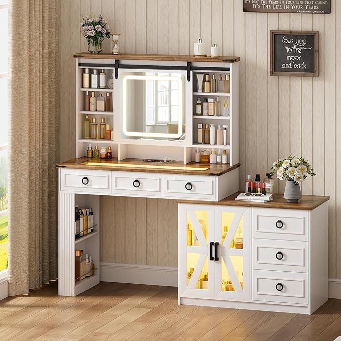 HNEBC Farmhouse Makeup Vanity Desk with Sliding Mirror and Lights,40" W Glass Tabletop Vanity Table with Charger,LED Vanity Set with Jewelry Armoire,6 Drawers,10 Shelves,Adjustable Cabinet
