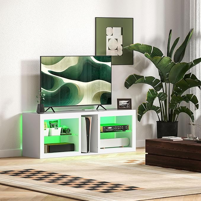 HOMCOM Modern TV Stand with LED Lights and Power Outlets for 55 Inch TV, 51" High Gloss Entertainment Center with Adjustable Glass Shelves, TV Console for Bedroom, Living Room, White