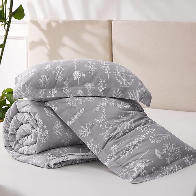 Bedsure California King Comforter Set - Grey Bed Set, 3 Pieces Cute Floral Bedding, 1 Soft Reversible Botanical Flowers Comforter and 2 Pillow Shams