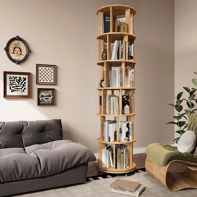 6 Tier Bookshelf Tower, 360° Solid Wood Spinning Bookcase with Swivel Wheels, Floor Standing Book Shelf for Small Space, Bookshelf for Home Office Study Room Bedroom Living Room