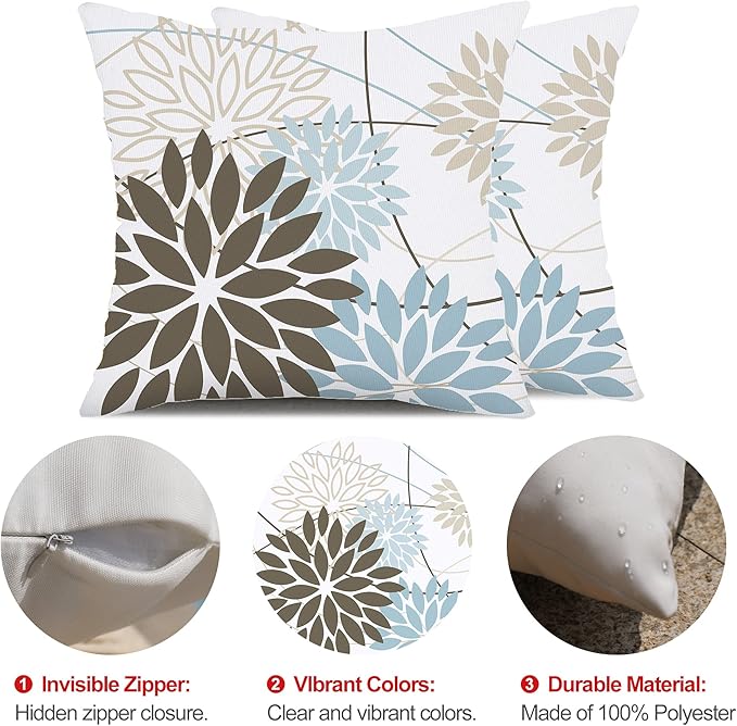 Brown Blue Flower Pillow Covers 20x20 Inch Set of 2 Summer Outdoor Waterproof Decor for Home Patio Funiture Garden Living Room Modern Art Floral Polyester Square Cushion Cover 01F20