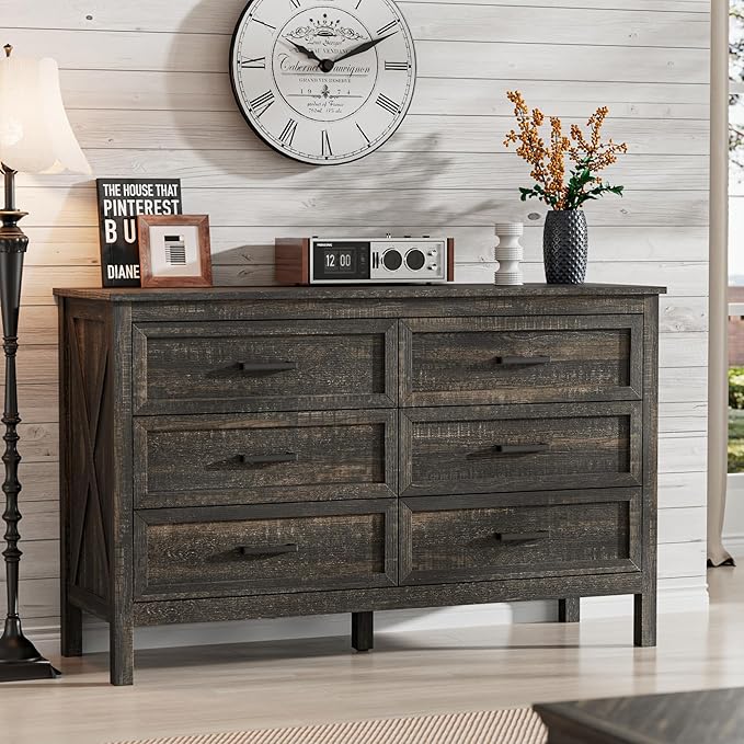 LYNSOM Farmhouse 6 Drawers Dresser for Bedroom, Wood Rustic Wide Chest of Drawers with Deep Drawers, Metal Handle, Storage Dressers Organizer for Living Room, Entryway, Dark Rustic Oak