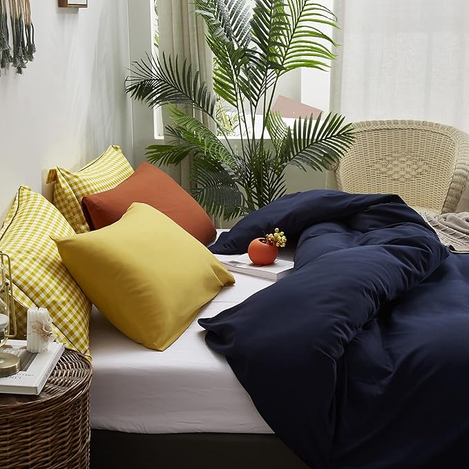 Luxlovery Navy Blue Comforter Set King Dark Blue Bedding Comforter Set Soft Breathable Quilts Breathable Cozy Comforter with 1 Yellow+1 Caramel Pillowcase for King Bed