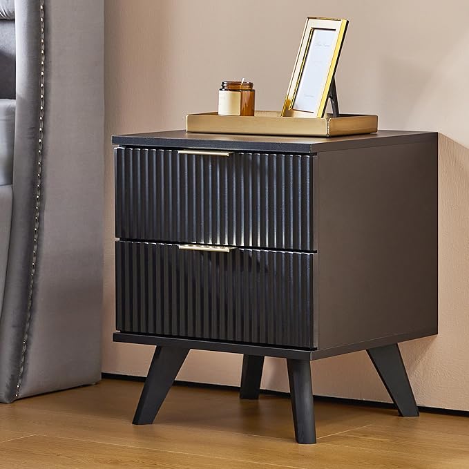 Fluted 2 Drawer Small Dresser for Bedroom, Mid Century Modern Nightstand with Drawers, Low Bedside Table with Drawers, End Table Short Storage, Living Room, Dorm -Black