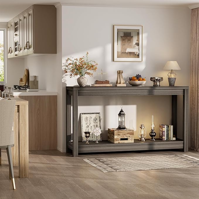 47" Farmhouse Wood Entryway Table Narrow Console Table with Storage Behind Couch Sofa Table with Shelves Entry Way Table with Open Storage, Easy Assembly, Grey Walnut