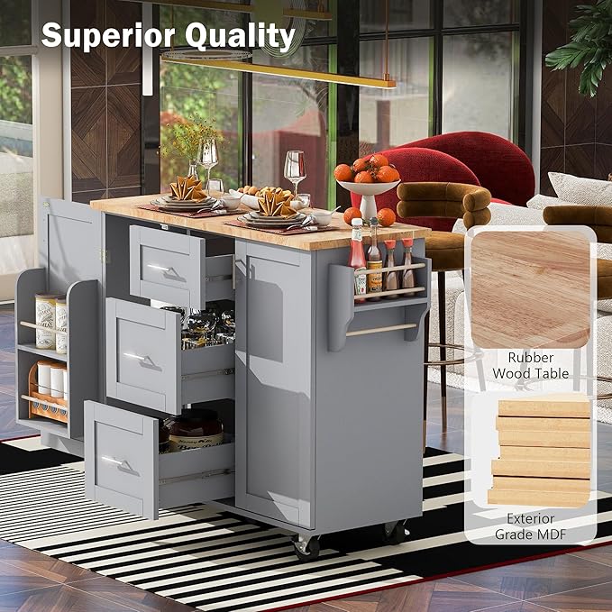 Rolling Mobile Kitchen Island Cart with Door Internal Storage Rack & Tower Rack, 3 Drawers and 2 Slide-Out Shelves for Dining Room