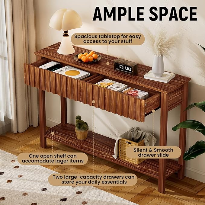 Console Table with 2 Fluted Drawers,Entryway Table with Open Storage Shelf, 47.2" Wood Sofa Table for Living Room and Hallway Brown