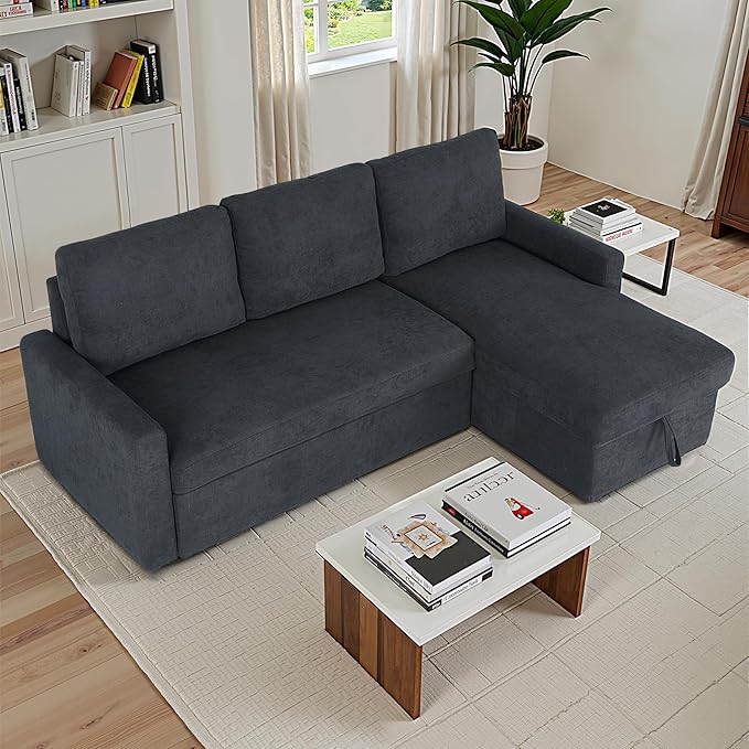 83" Pull Out Sleeper Couch with Storage Chaise, Couch, Sofa Bed, Convertible L Shaped Sofa for Living Room, Apartment, Dark Grey