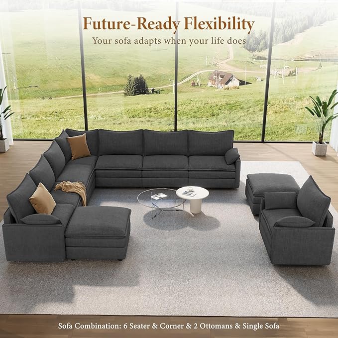 Vesgantti Large Modular Sectional Sofa, Big Comfy Cloud Couch with Ottoman Deep Seat Chenille Cloud Sofa, 9 Seater Large Sectional Couches for Living Room, Bedroom and Apartment, Gray