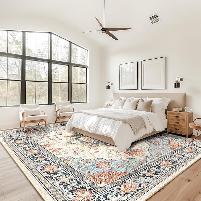 Area Rugs 10'x14' Washable Non-Slip, Floral Vintage Distress Print Pattern Medallion Carpet for Living Room Bedroom Dining Room, Beige Navy Blue Orange Colorful