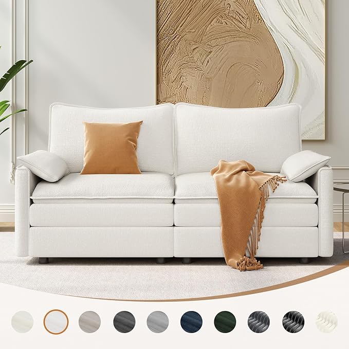 Vesgantti 74" Loveseat Sofa for Living Room, Comfy Cloud Couch Deep Seat Chenille Modern 2 Seater Small Sofa with Armrest Pillow, Easy Assembly for Small Spaces, Snow White