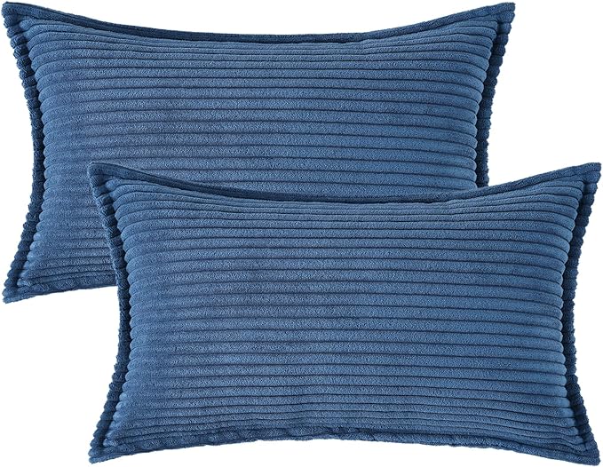 Mecatny Corduroy Throw Pillow Covers 12x20 Set of 2, Neutral Decorative Soft Boho Lumbar Couch Pillow Covers with Broadside for Sofa Living Room, Navy