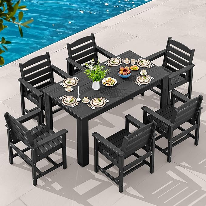 SERWALL HDPE Dining Set for 6, Outdoor Dining Sets for 6 Person with 1 Umbrella Hole Cut-Out Rectangular Table and 6 Chairs, Patio Dining Sets for Garden, Backyard, Poolside, Black