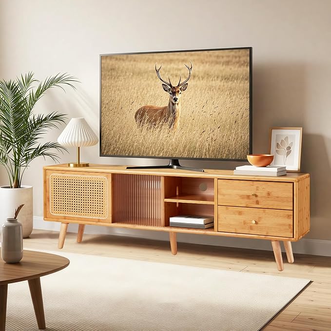 Rattan Boho TV Stand for TVs up to 65 inch, Entertainment Center with Rattan Door, Height-Adjustable Shelves & 4 Cabinets & Drawers, Long Boho Media Console for Living Room, Natural