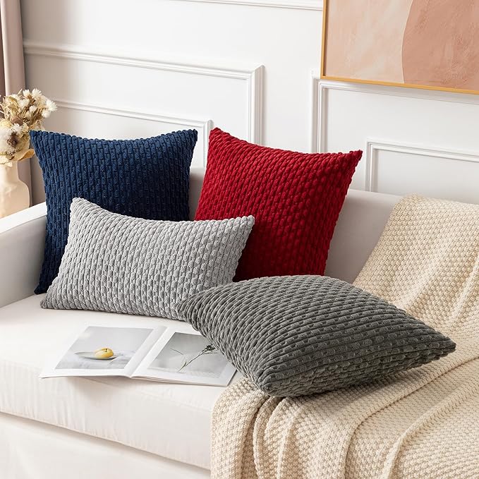 Kevin Textile Pillow Covers Decorative Set of 2 Striped Corduroy Plush Velvet Pillowcases Cushion Cover for Couch 16x16 Inch Navy Blue