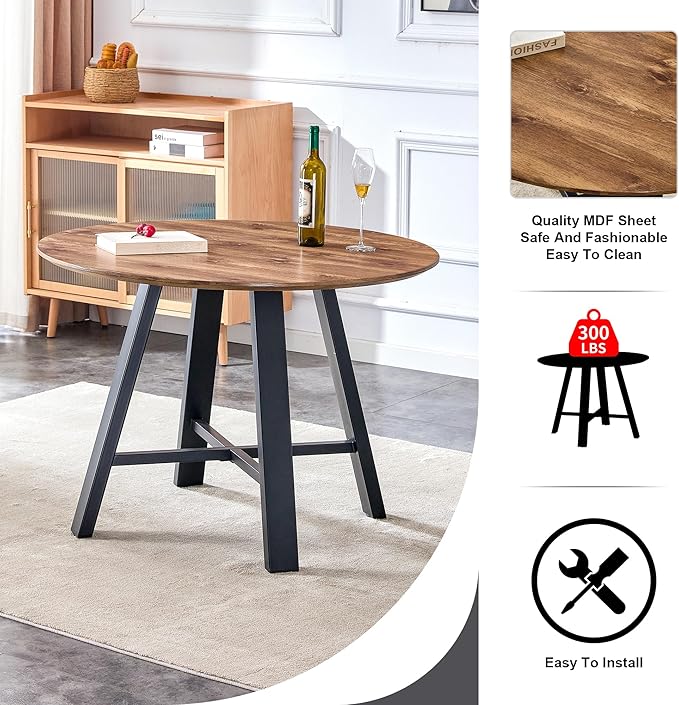 Dining Table Set for 4, Round Kitchen Table Chairs Set for 4,Modern 42" Round Wood Dining Room Table Set PU Leather Chairs for Small Space Apartment Kitchen Living Office