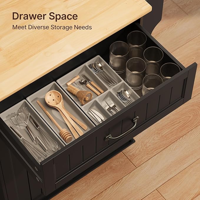 Gizoon Kitchen Island Cart with Rubberwood Top, 33" W Rolling Kitchen Island on Wheels with Adjustable Shelf, Drawer, Spice Rack, Towel Bar, Mobile Storage Cabinet for Dining Room, Home Bar, Black