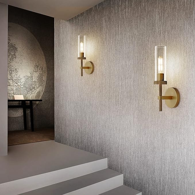 Brass Wall Sconces Lights Indoors, 14" Knurled Linear Sconce, Gold Bathroom Wall Sconces, Glass Tube Vanity Sconces Wall Lighting, Wall Lights for Mirror, Living Room, Bedroom, Hallway