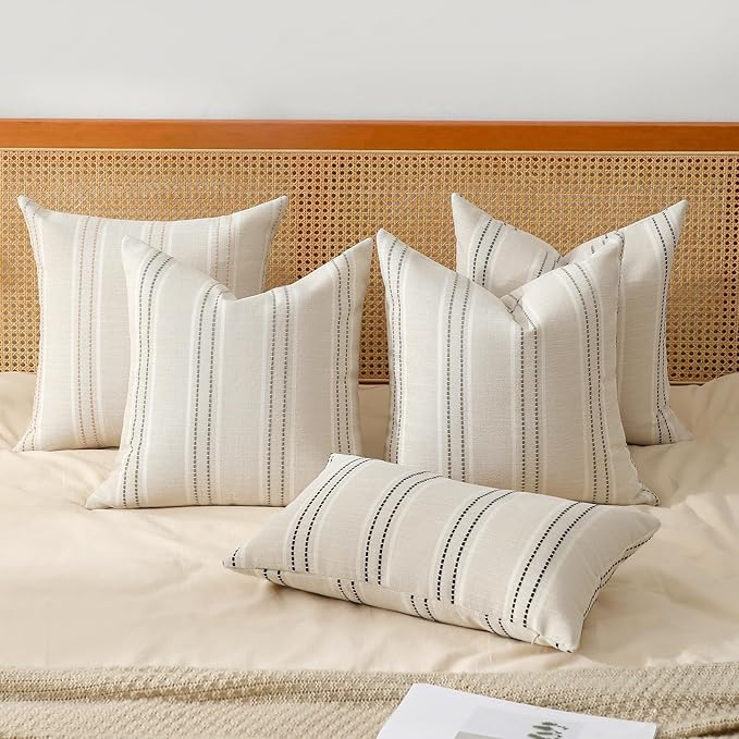 Hckot Throw Pillow Covers 16x16 Set of 2 Striped Pillow Covers Textured Linen Decorative Pillows Square Cushion Covers for Sofa Couch Bed Living Room Farmhouse Decor, Black