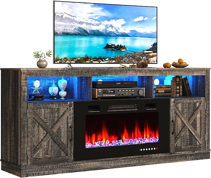Farmhouse TV Stand with 36" Fireplace for 80" TV, 70" Fireplace Entertainment Center with Barn Doors and LED Light, Tall Fireplace TV Stands for Living Room, Dark Rustic Oak