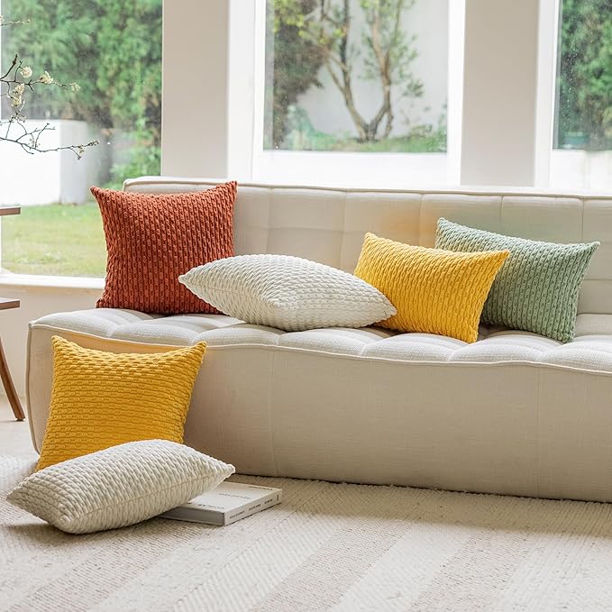 Kevin Textile 2 Packs Yellow Euro Farmhouse Decorative Throw Pillow Covers 26x26 Inch for Living Room Couch Bed Sofa Rustic Boho Home Decor Soft Striped Corduroy Square Cushion Case 66x66 cm