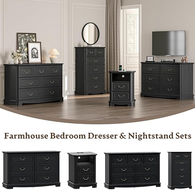 Farmhouse Dresser for Bedroom with 7 Drawer, 48" Wide Rustic Chest of Drawers with Metal Handle, Wood Vintage Dresser TV Stand, Wooden Closet Storage Dressers Organizer for Living Room, Hallway, Black