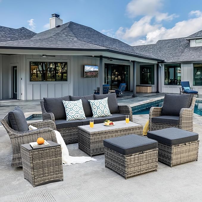 Outdoor Patio Furniture Set with Swivel Chair, 7 Pieces Patio Conversation Set, Patio Sectional Furniture Set with 2 Swivel Rocker Chair & Sofa, 2 Ottomans and Coffee Table (Grey)