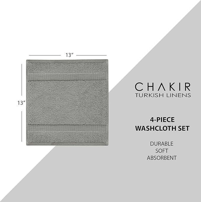 Chakir Turkish Linens | Hotel & Spa Quality 100% Cotton Premium Turkish Towels | Soft & Absorbent (4-Piece Washcloths, Gray)