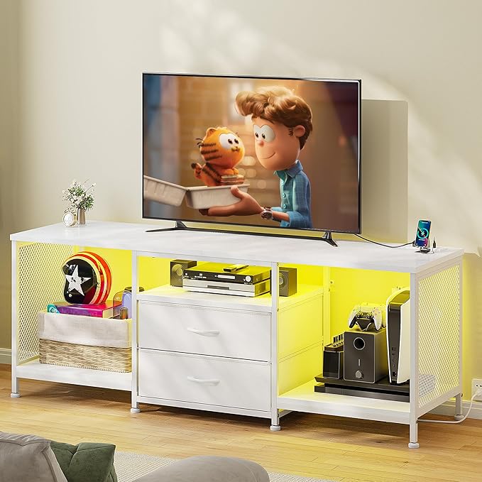 55" W TV Stand for Bedroom with LED Lights & Power Outlets Dresser TV Stand with 2 Drawers for 65" TV with Open Storage Shelves