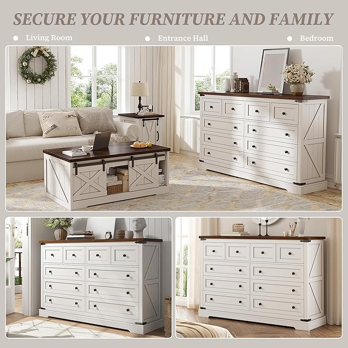 EnHomee 10 Drawer Dresser for Bedroom,55.11" W Farmhouse Dressers and Chests of Drawers with Smooth Metal Rail,Large and Wide TV Stand Hallway,Antique White,14.9" D x 55.11" W x 35.6" H