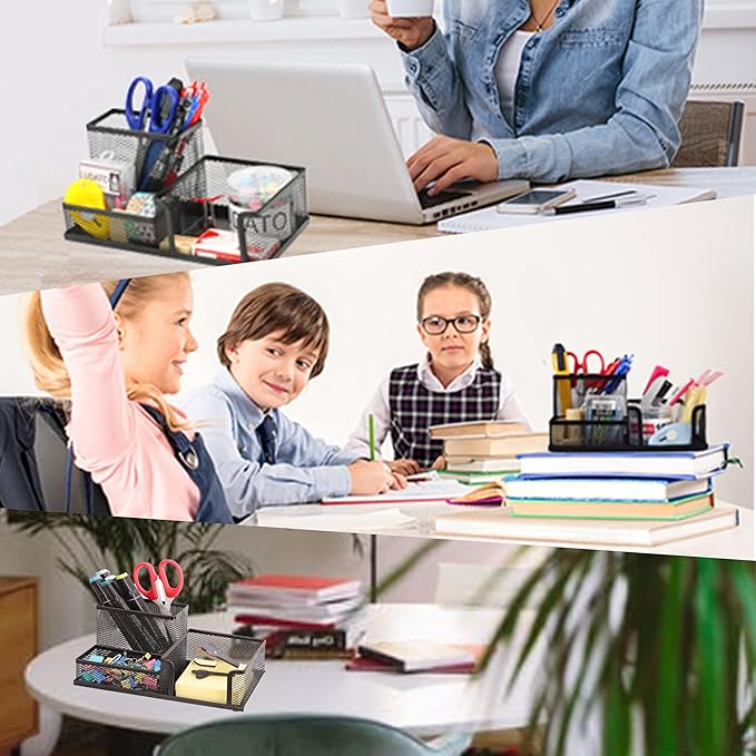 Ludato Desk Organizers Mesh Pencil Holder,3 Compartments Black Mesh Pen Holder Storage for Office Desk Accessories