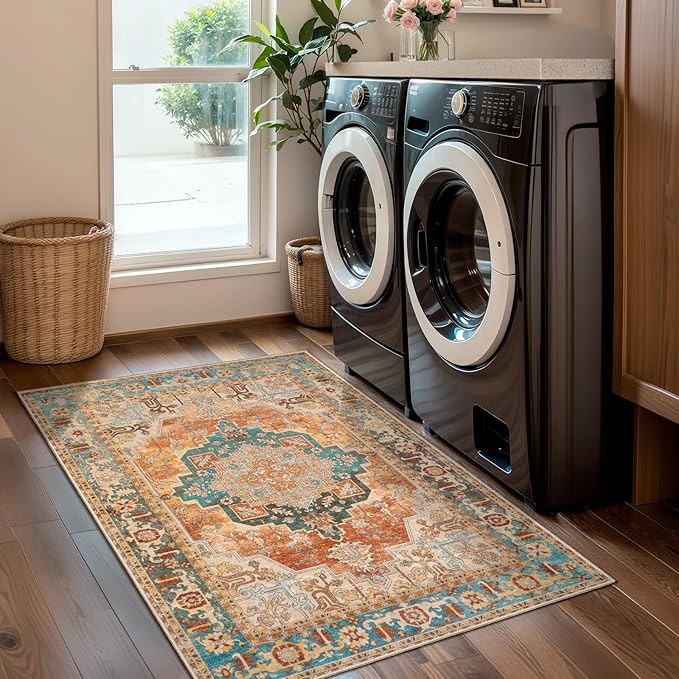 Tangsoo 2x3 Small Rug for Entryway, Washable Rugs Vintage Non Slip Small Area Rug, Indoor Front Door Rug, Print Distressed Door Mat Carpet, Soft Low Pile Rugs for Entry Entrance Kitchen Bedroom