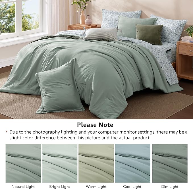 Monbix Queen Comforter Set - 7 Pieces Sage Green Prewashed Bed in a Bag Queen Bedding Sets with Comforters, All Seasons Down Alternative Comforter Bed Set with Sheets,Pillowcases & Shams