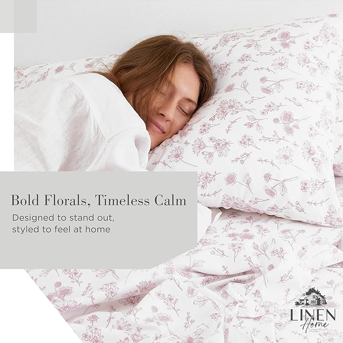 Linen Home 100% Cotton Printed Percale Sheets Queen Size, Deep Pocket, 4 Pieces Set - 1 Flat, 1 Deep Pocket Fitted Sheet and 2 Pillowcases, Crisp Cool and Strong Bed Linen, Grey Botanical Floral