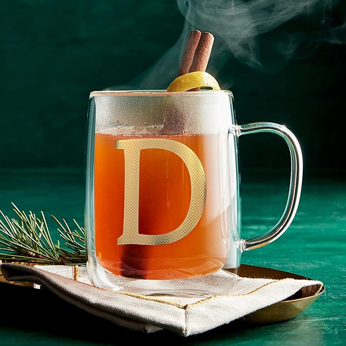 COLLECTIVE HOME - Double Walled Glass Coffee Mugs, Insulated Coffee Mug with Handle, Personalized Gifts for Women, Men, Christmas, 14 oz Monogram Cups (D)
