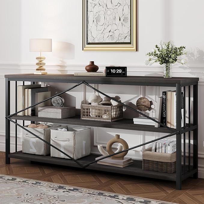 HSH Long Bookcase, Wood Metal Large Low Horizontal Book Shelf for Bedroom, Modern Open 3 Tier Etagere Bookshelf with Storage, Under Window Bookshelves for Home Office Living Room, Dark Gray, 70 Inch