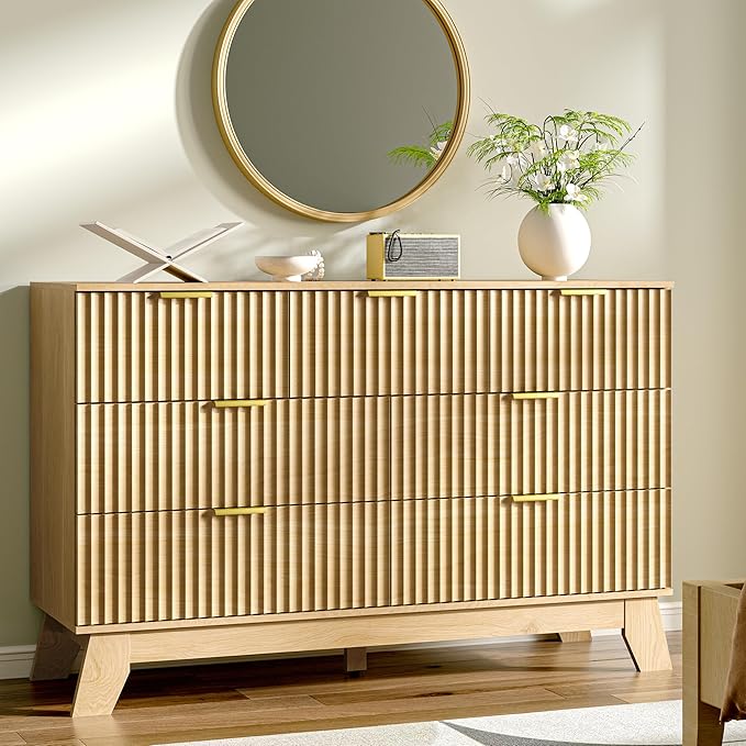 Fluted Dresser for Bedroom with 7 Drawer, Mid Century Modern Chest of Drawers, 48" Wide Natural Wood Dresser for Closet, Wooden Boho Chest Closet Storage TV Stand for Bedroom, Nature