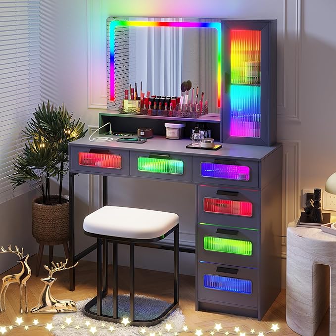 HNEBC RGB Vanity Desk with Mirror and Lights, LED Vanity Makeup Desk with USB/Wireless Charger Station, Vanities Dressing Table Sets with 6 Drawers/Cabins/Stool/Shelves for Bedroom&Cloakroom,Grey