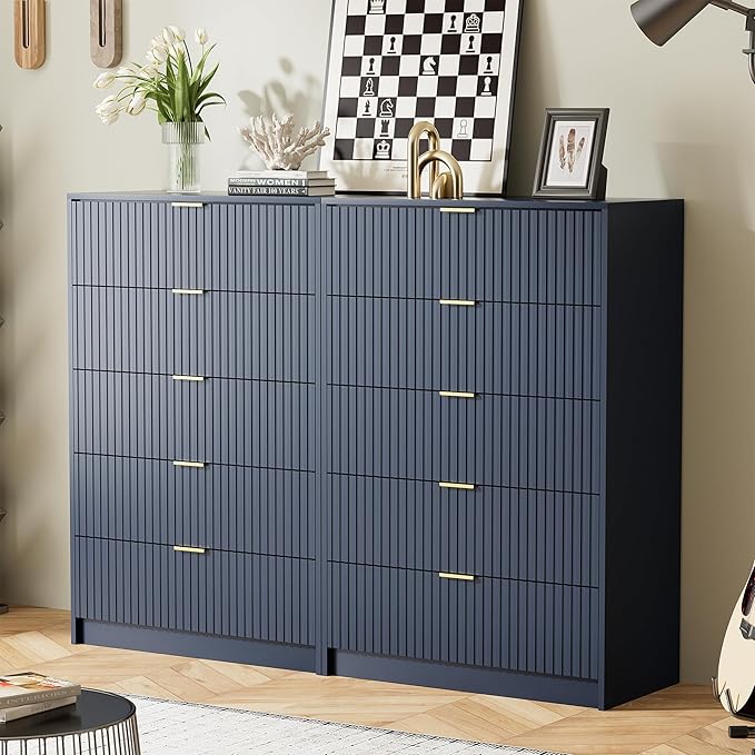 Blue Dresser for Bedroom, Modern Dresser with 5 Drawers and Smooth Slides, Wide Chest of Drawers with Golden Handles for Bedroom, Living Room, Closet, 15.7" D x 31.5" W x 47.2" H