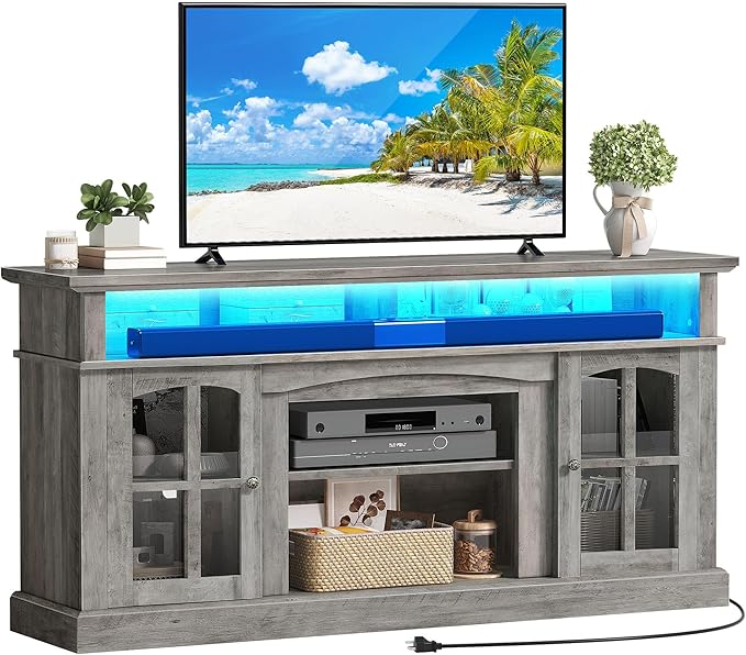 YITAHOME LED Farmhouse TV Stand for 75 Inch w/Outlets, Modern Entertainment Center with Glass Doors and Adjustable Storage Shelves, Media Console TV Cabinet for for Living Room, Grey